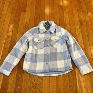New Joujou Flannel Blue & White Plaid Jacket Girls Size 10/12 Pocket Snap Front
